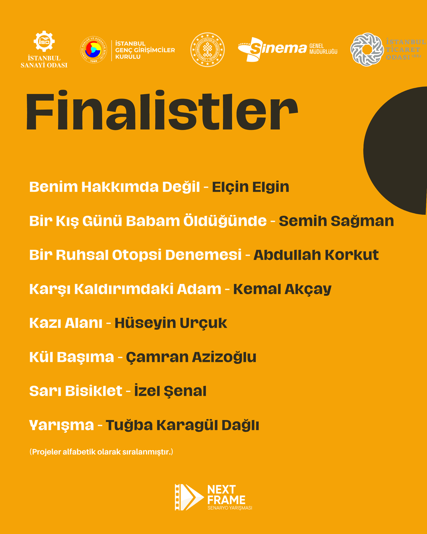 Next Frame 2026 finalistleri duyuru görseli: Benim Hakkımda Değil, Bir Kış Günü Babam Öldüğünde, Bir Ruhsal Otopsi Denemesi, Karşı Kaldırımdaki Adam, Kazı Alanı, Kül Başıma, Sarı Bisiklet, Yarışma